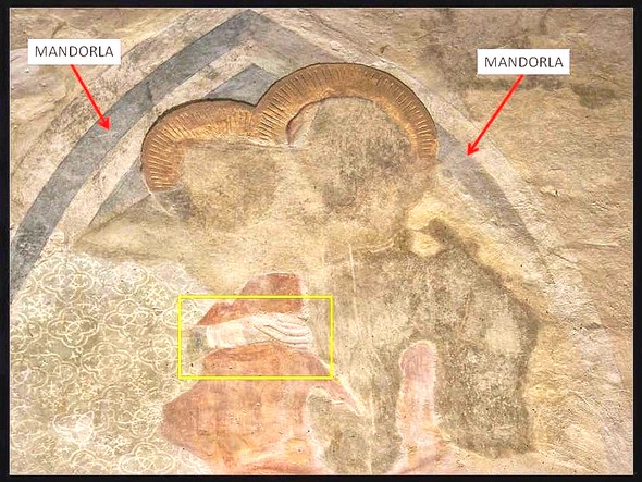 Le Christ et la Vierge inscrits dans une mandorla, et la main de la Vierge dans celle de son Fils.