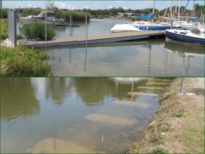 L'accès de l'embarquement implique désormais une légère montée. Les travaux de la berge nord sont sous eau   -   06/06/2013.