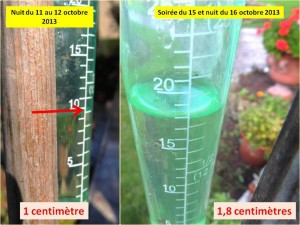 Relevés pluviométriques à l'Isola Maggiore pour les nuits des 11-12 et 15-16 ocrobre 2013.