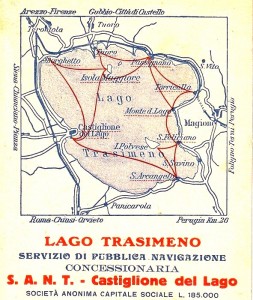 Carte des différentes traversées assurées par les bateaux de la S.A.N.T. sur le lac Trasimène.