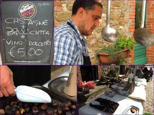  Nella via Guglielmi, di fronte al ristorante, lo stand con pane, olio nuovo e castagne.