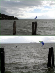 Kyte surfer évoluant devant la rive sud-ouest de l' Isola Maggiore.