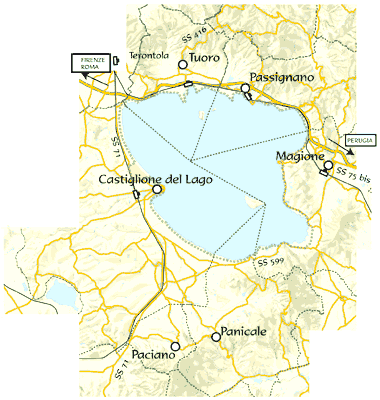 Carte du Parc du Lac Trasimène avec les communes concernées.