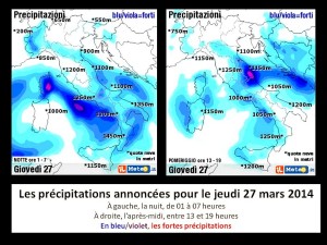 Prévisions des précipitations pluvieuses en Italie pour le jeudi 27 mars 2014.