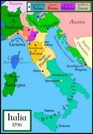 1796 Morcellement de l’Italie en de nombreux états indépendants. Et donc d’innombrables frontières à franchie.