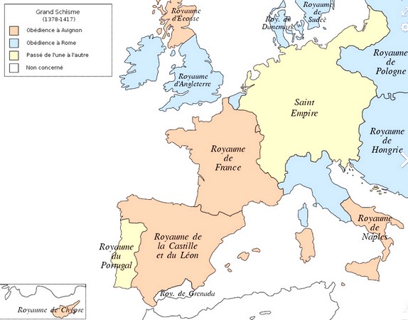 Le grand schisme en Occident.Carte historique.