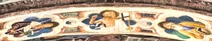 Le Christ entouré de deux Apôtres.Au centre de l'intrados.