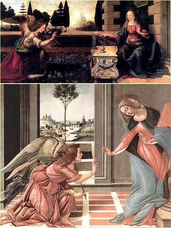 HAUT L'Annonciation.Léonard de Vinci.1473-1475BASL'Annonciation.Botticelli.1489-1490